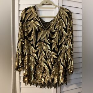 Vintage Black & Gold Sequin Blouse – Leaf Pattern, likely size Large
